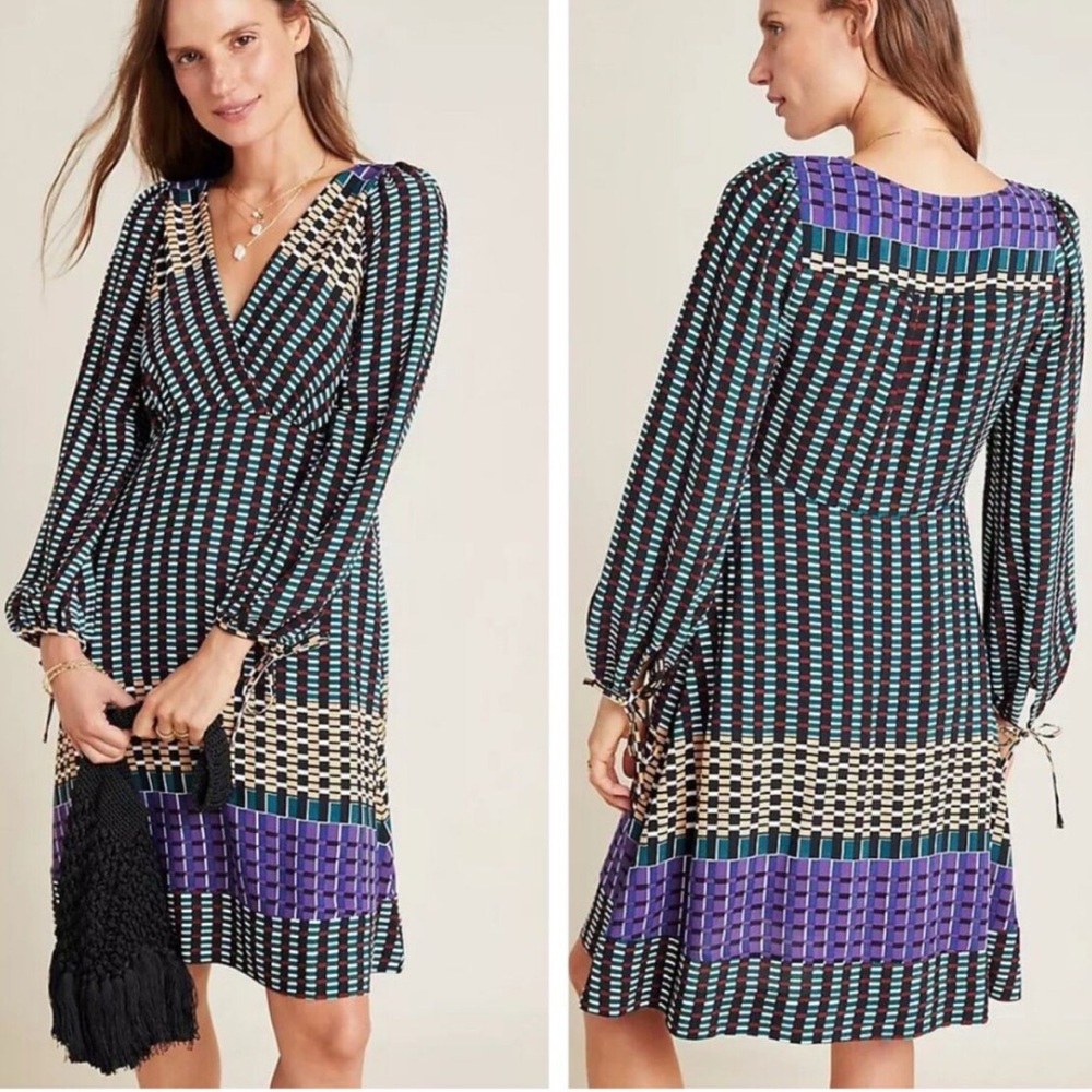 Anthropologie Maeve “Gianna” Geometric Multicolor Retro Faux Wrap Dress 4 Petite - Picture 8 of 9